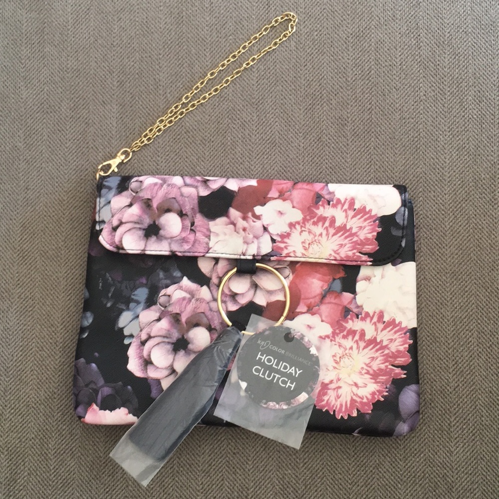 Floral print clutch w wrist chain